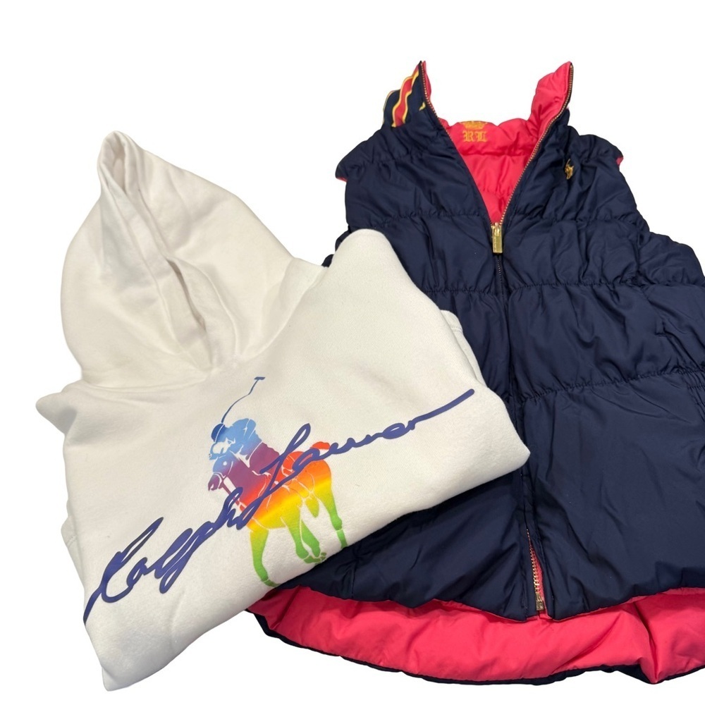 Ralph Lauren Girls 2 PCS Set Reversible Down Puffer Vest & White Hoodie M(8-10)